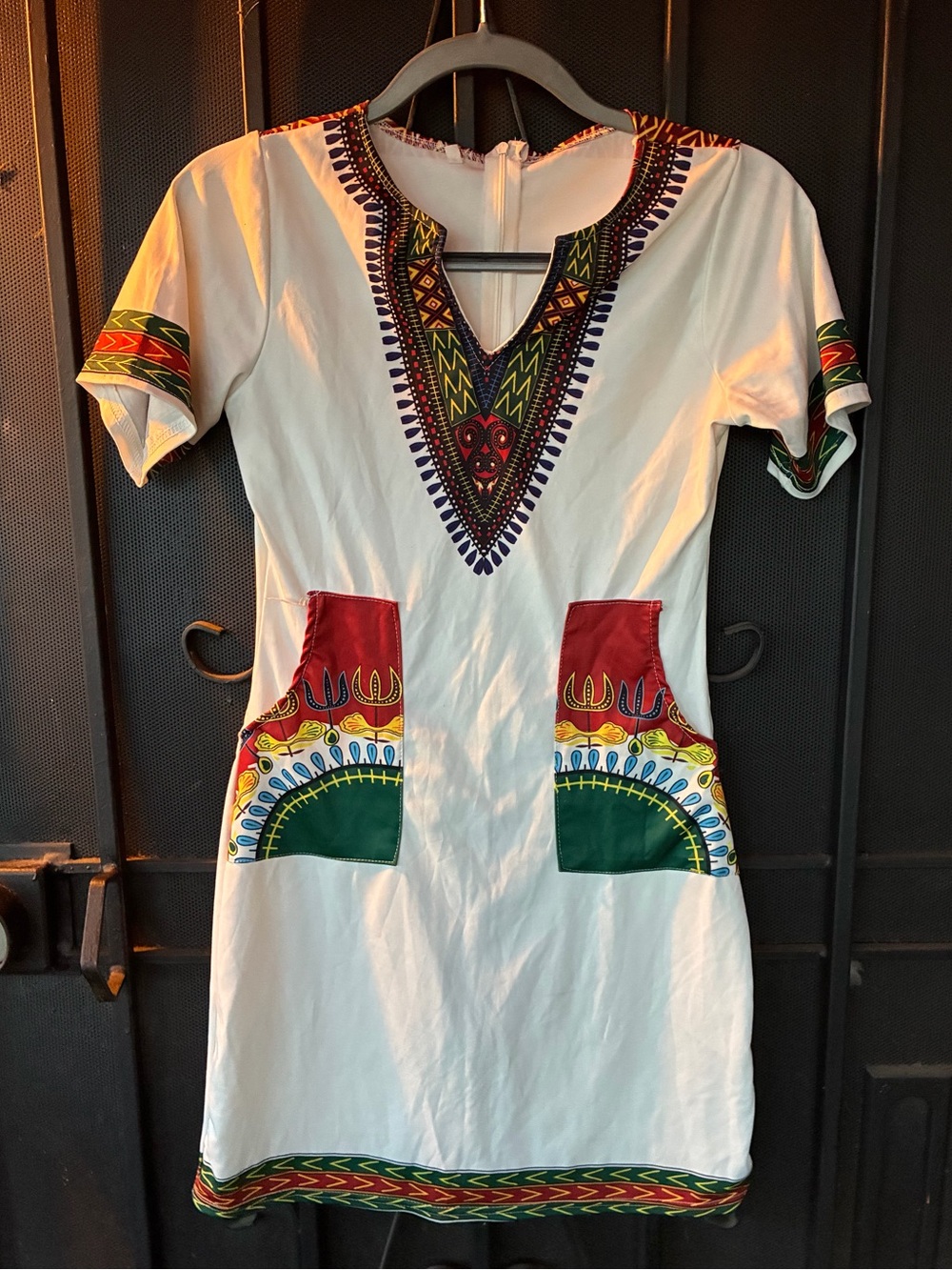 White Short-Sleeve Dashiki Pocket Dress with Multicolor Trim